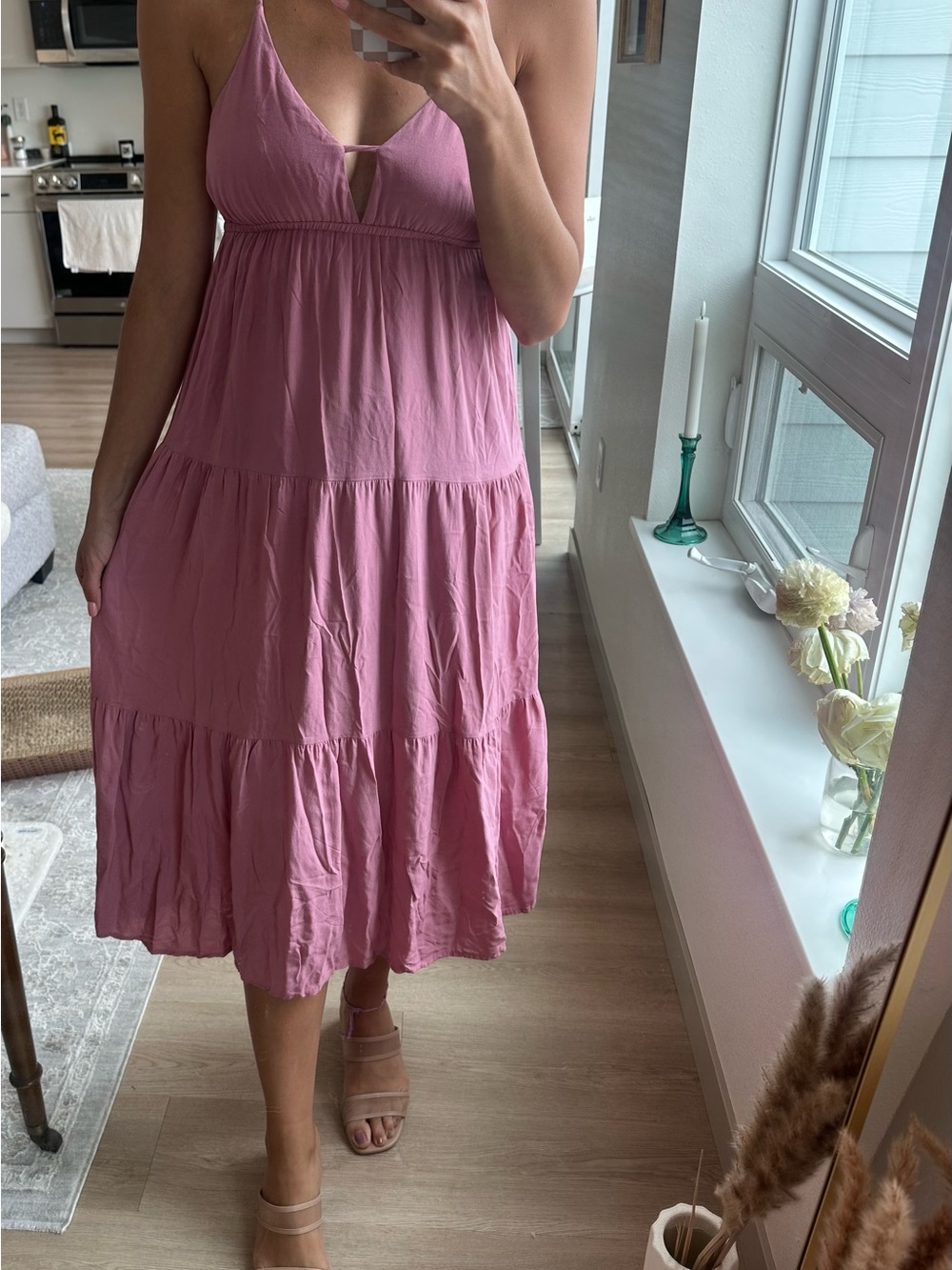 Dusty Rose Pink Midi Dress | Tiered | Flowy | Spaghetti Strap | Boho